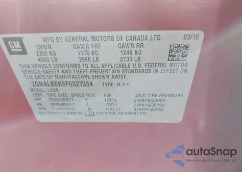 2015 Chevrolet Equinox 1Lt z USA, uszkodzony, nr VIN 2GNALBEK6F6327334